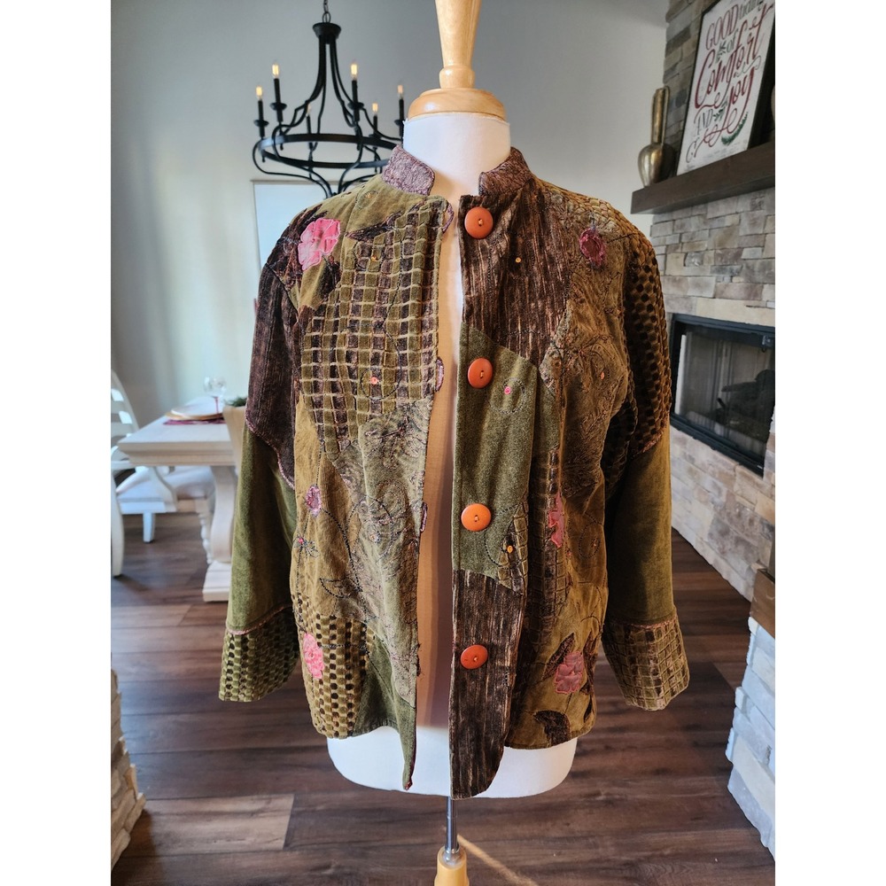 Alexandria Pierce Patchwork Boho Velvet‎ Floral Jacket Mandarin Collar Medium